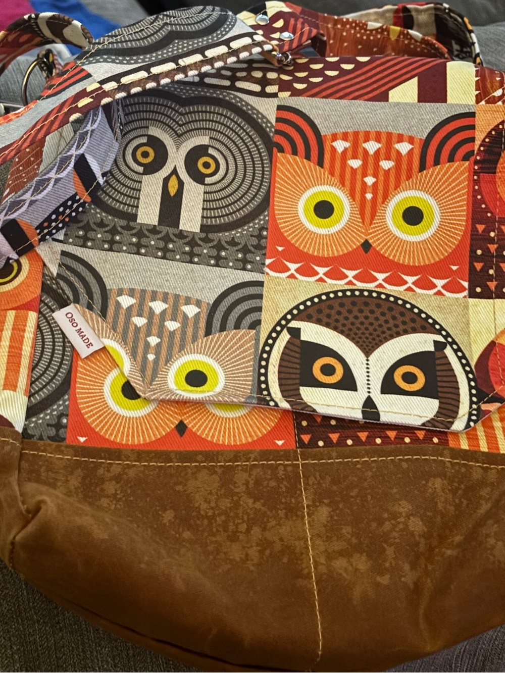 Owl Print Canvas Shoulder Bag in Orange and Brown osomade